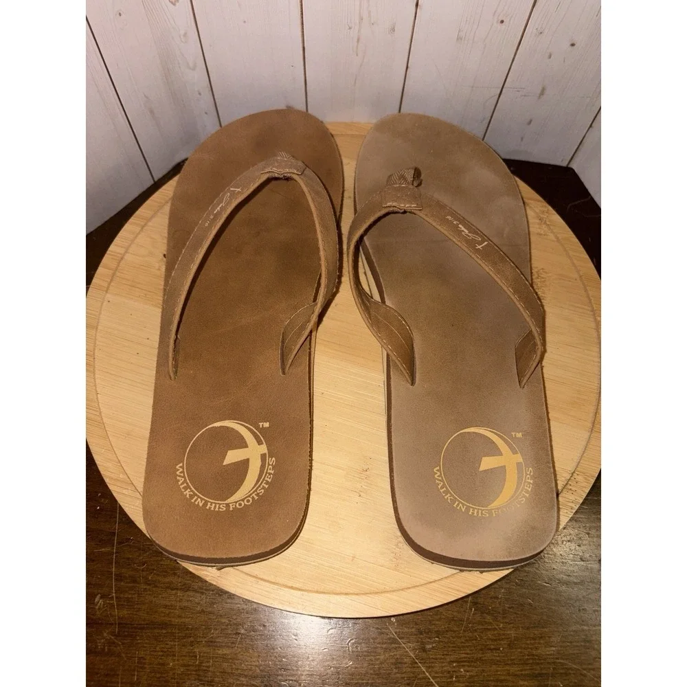 Walk In His Footsteps ‎ Sandals Cross Footprint John 3:16 Brown Size 8